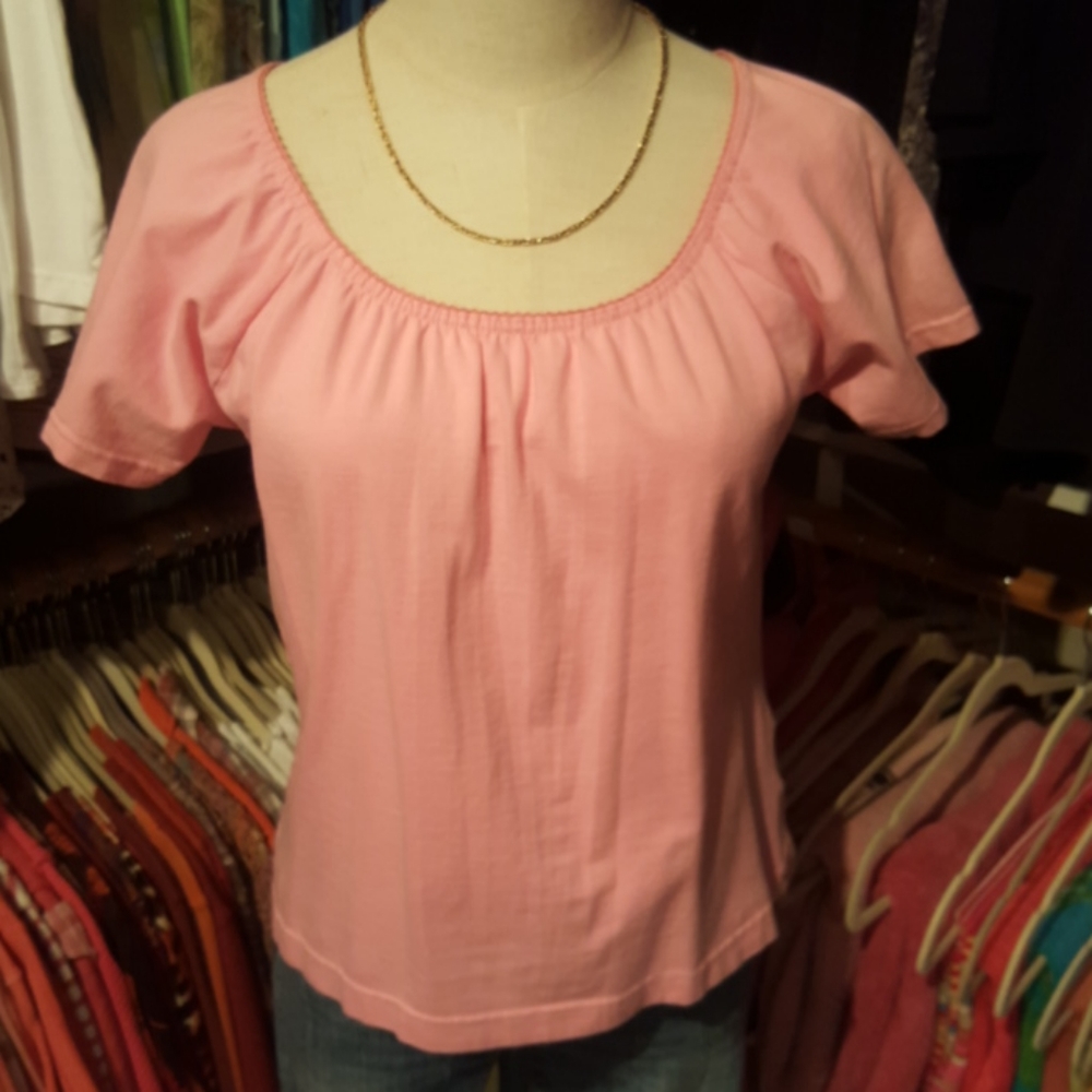 COTTON GINNY ♡ Vintage Pink Short Sleeve Gathered Elastic Scoop Neck Top M|M